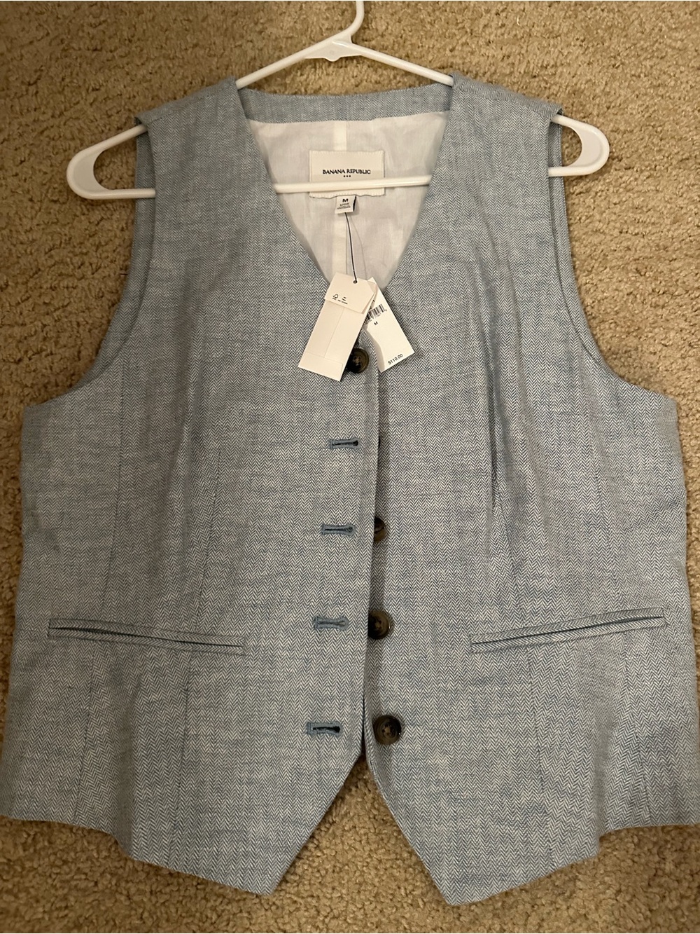 NWT Banana Republic Light Linen Blue Herringbone Wool Blend Vest medium